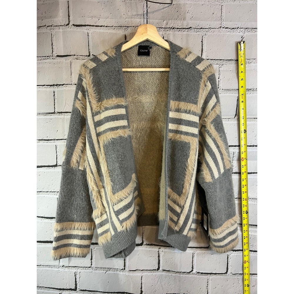 Cliche Grey Striped Fuzzy Eyelash Knit Open Front Cardigan Sweater Large NWT